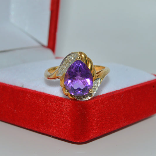 9ct Gold - Pear Cut Amethyst & Diamond Ring front