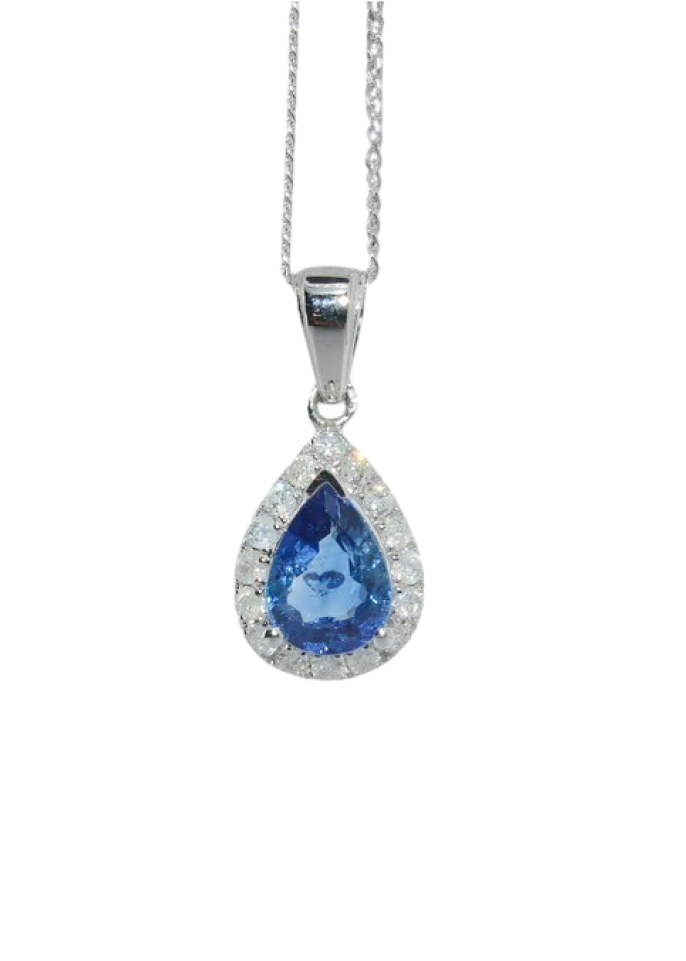 14ct White Gold - Pear Cut Sapphire & Diamond Pendant