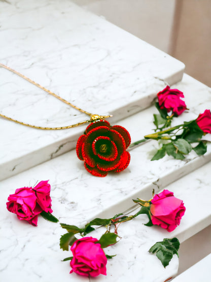 Solid 18ct gold women's rose necklace, lifestyle shot