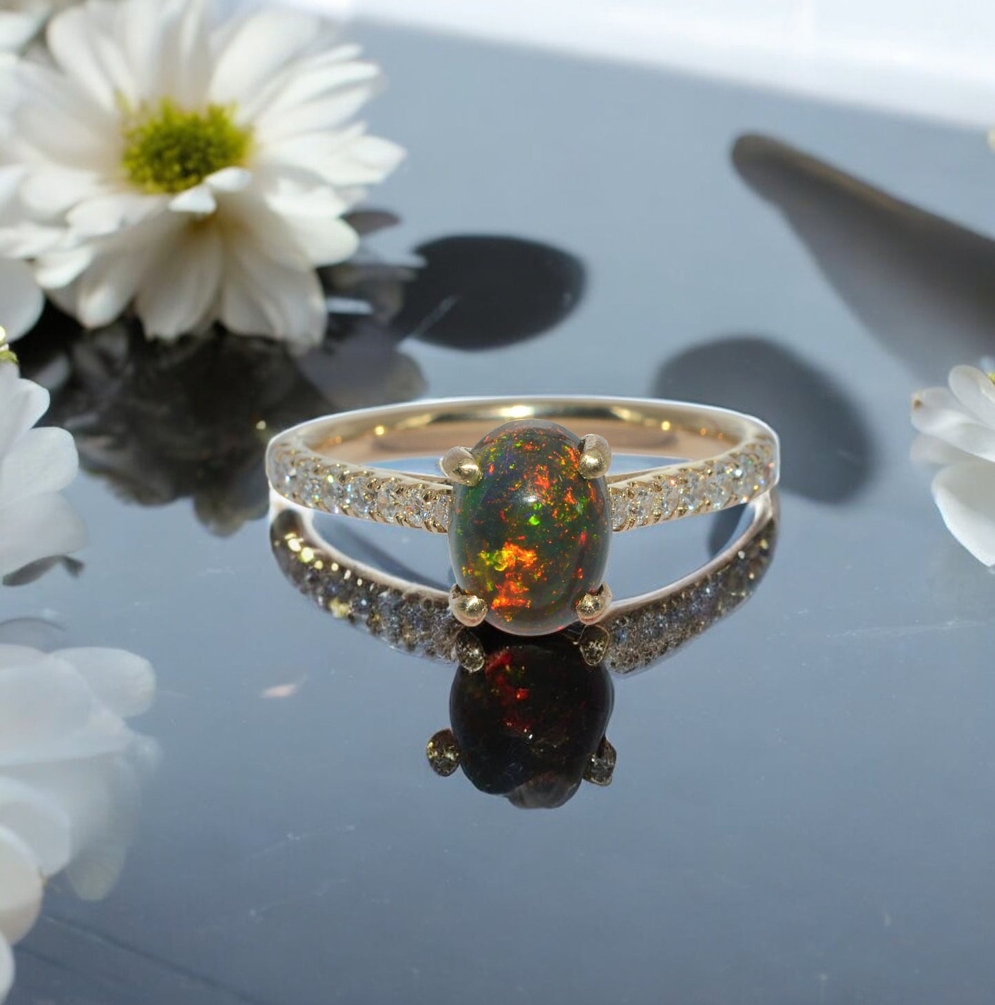 9ct Gold - Ethiopian Black Opal & Diamond Ring 1