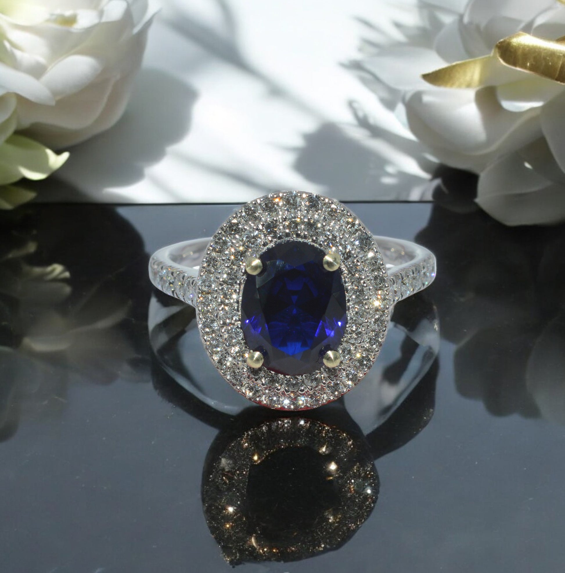 9ct White Gold - Sapphire & Diamond Double Row Cluster Ring top down