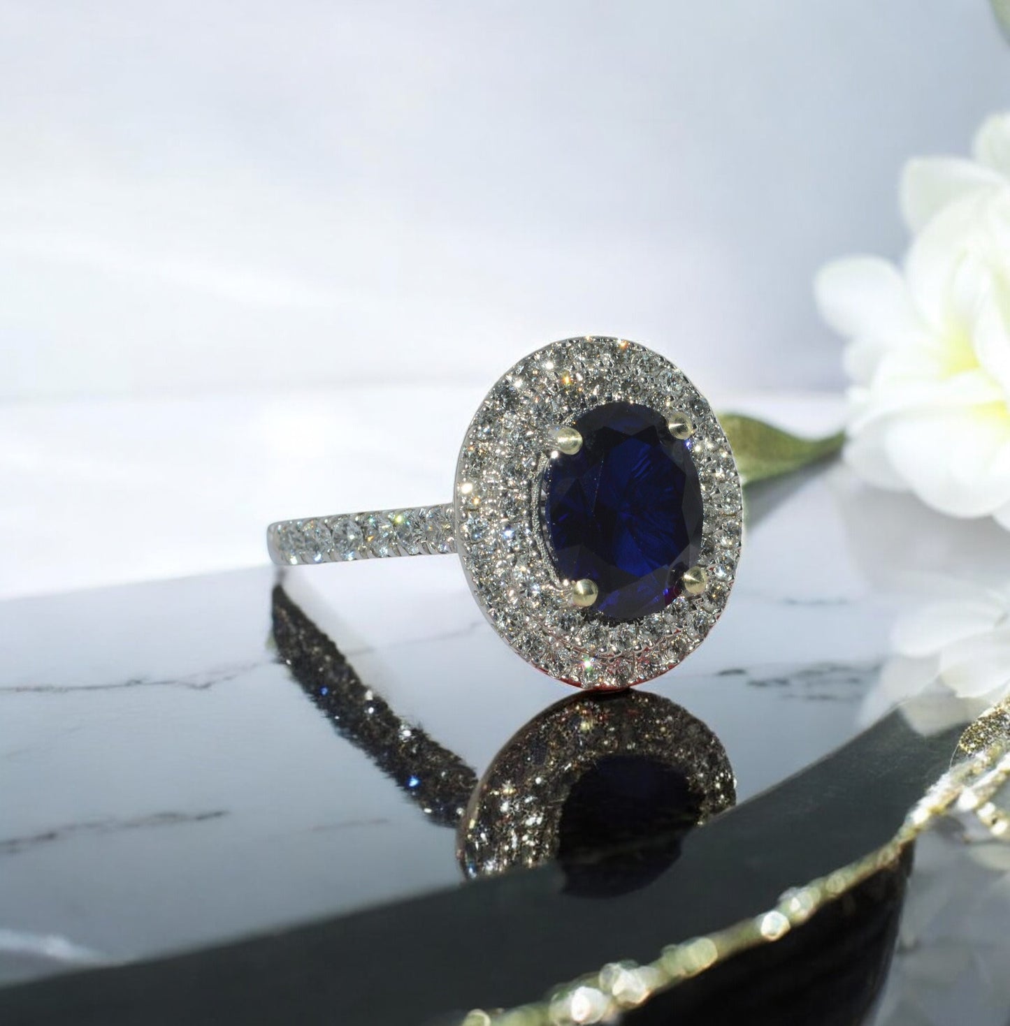 9ct White Gold - Sapphire & Diamond Double Row Cluster Ring right