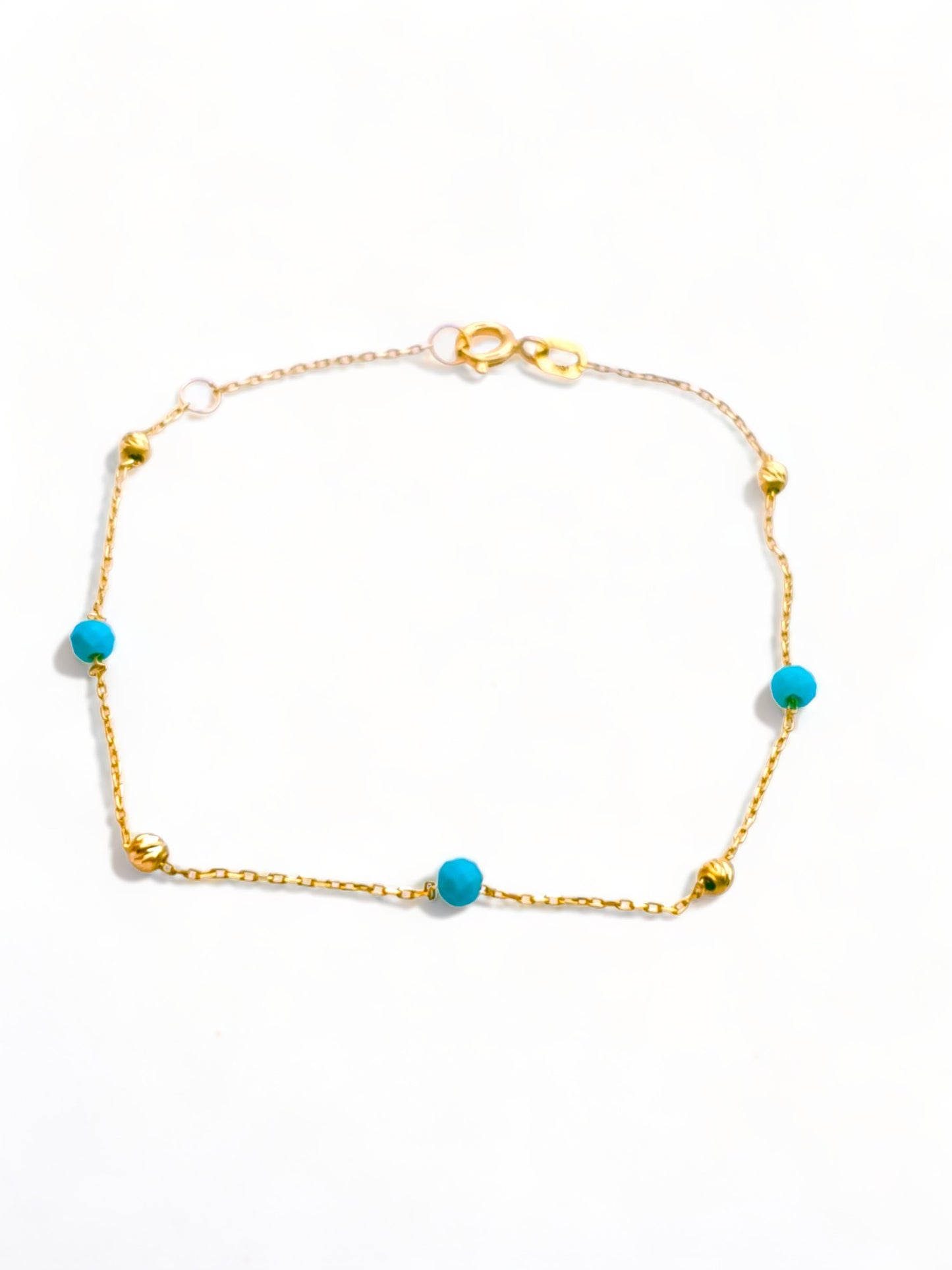 Solid 18ct Gold Women's - Gold & Turquoise Bead Bracelet, top down photo full