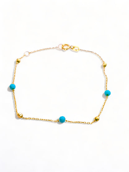 Solid 18ct Gold Women's - Gold & Turquoise Bead Bracelet, top down photo full