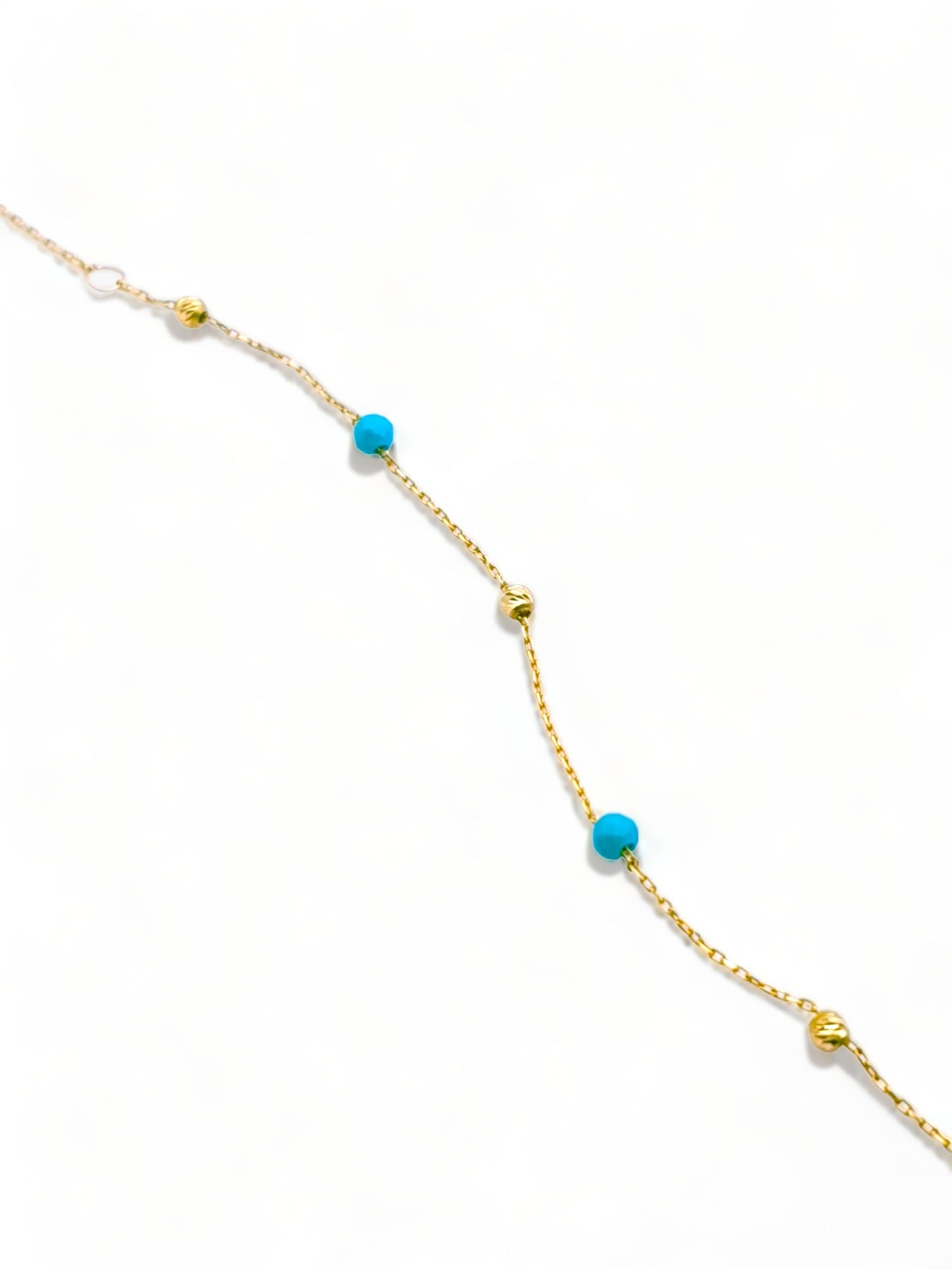 Solid 18ct Gold Women's - Gold & Turquoise Bead Bracelet, top down photo