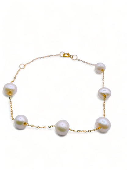 Solid 18ct Gold Women's Pearl Bracelet, top down photo full