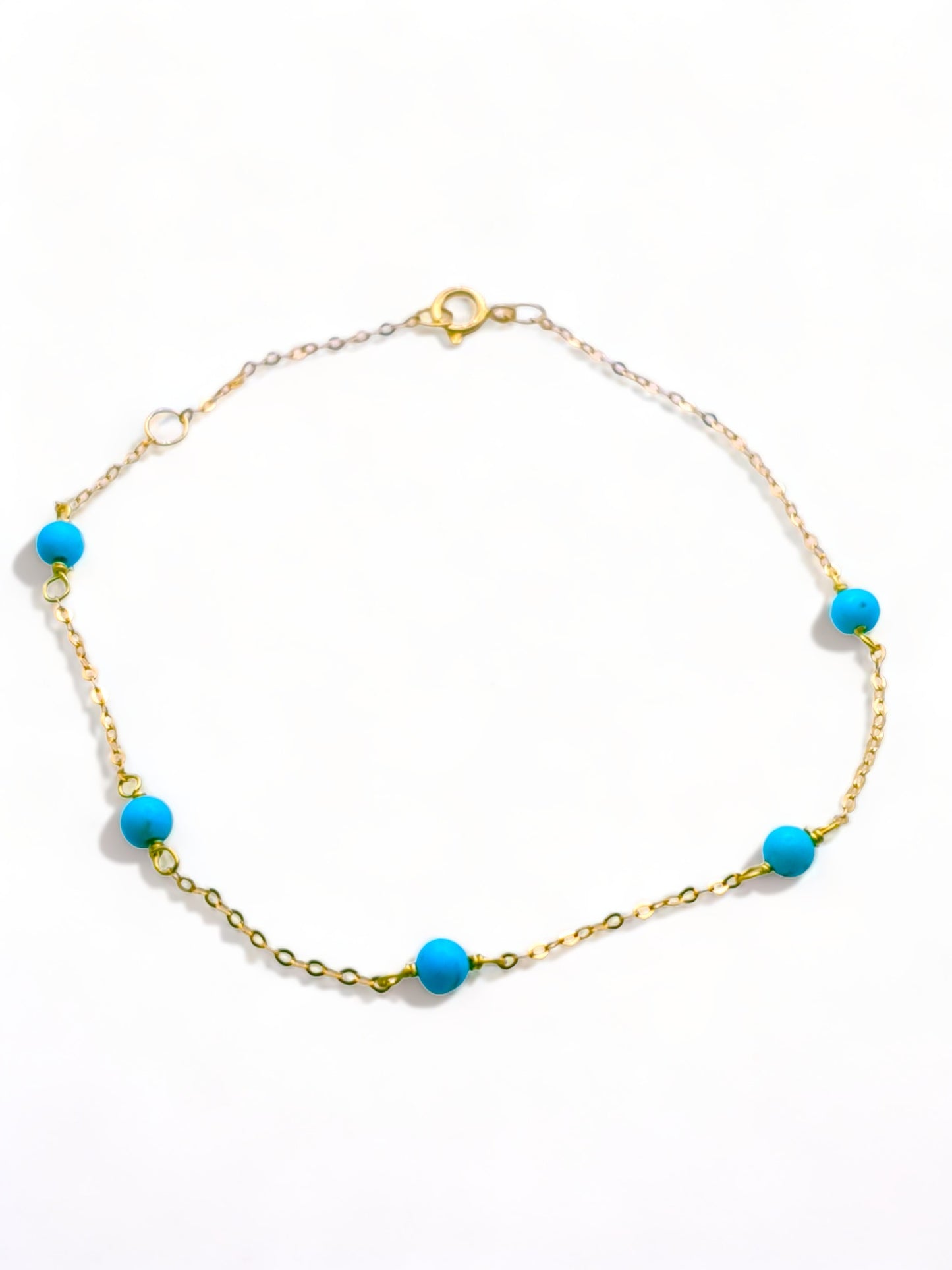 Solid 18ct Gold Women's Turquoise Bead Bracelet, top down photo full