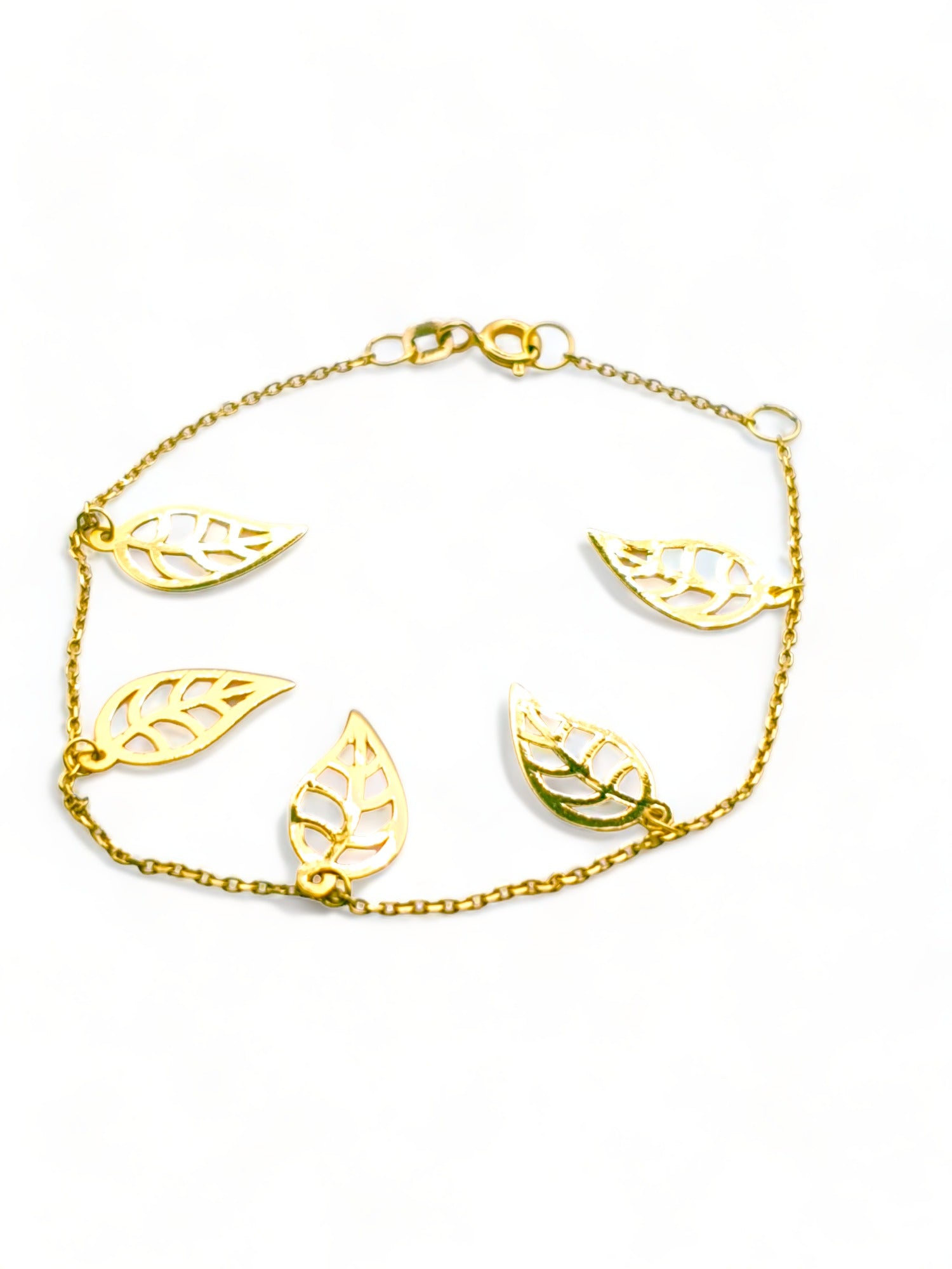 Solid 18ct Gold Women's Leaf Of Life Bracelet, top down photo full