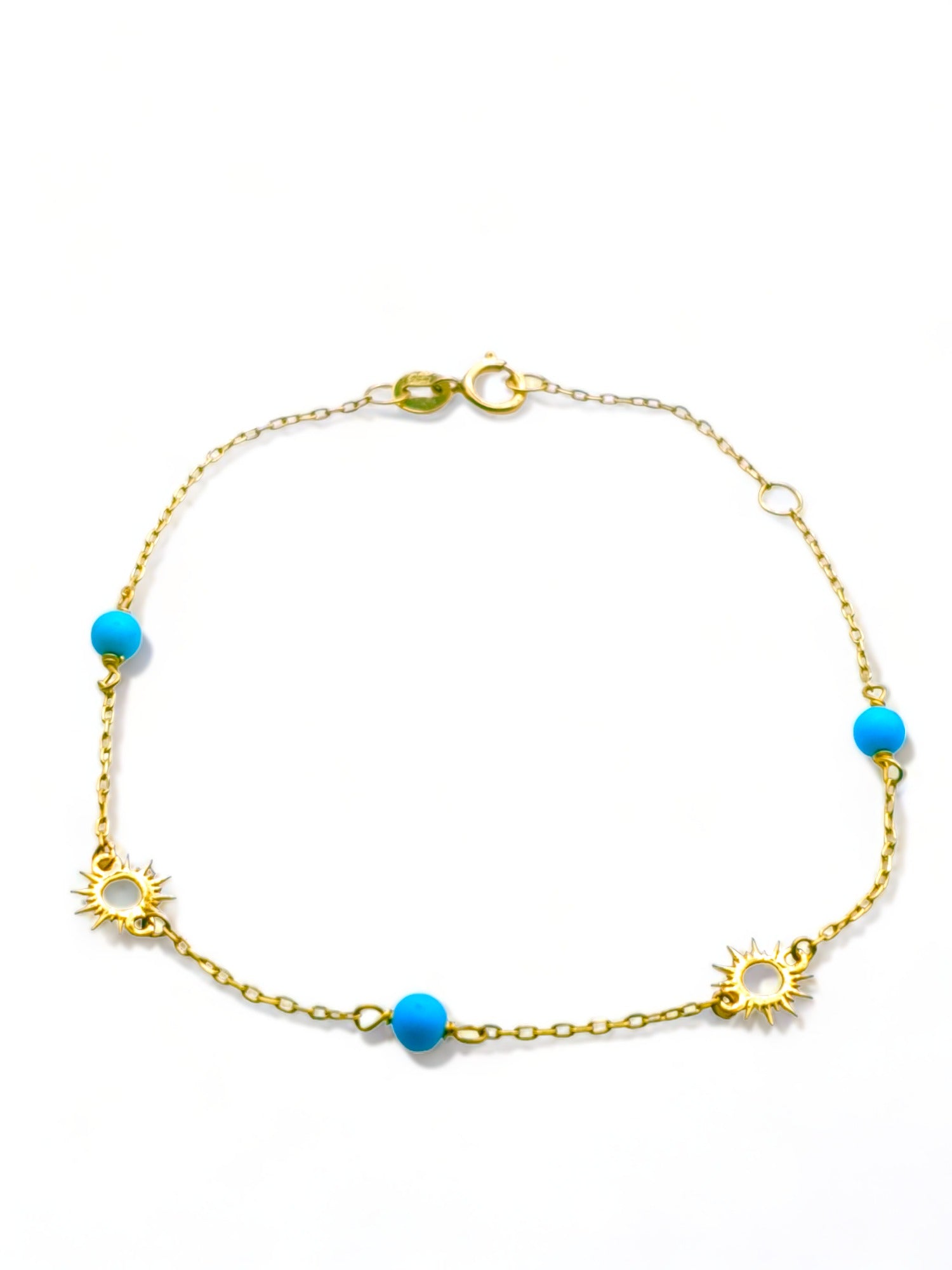 Solid 18ct Gold Women's Sun & Turquoise Bead Bracelet, top down photo full