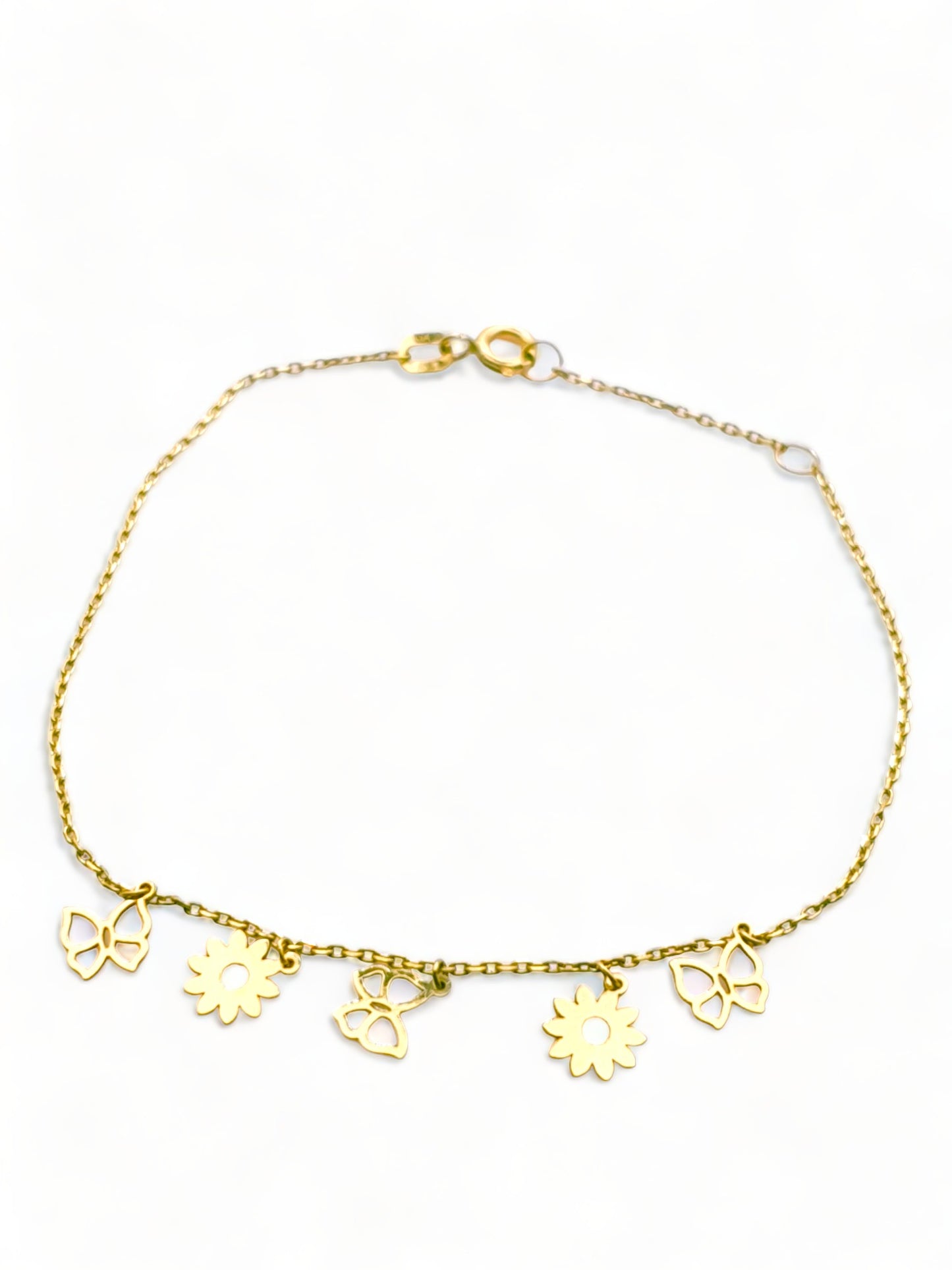 Solid 18ct Gold Women's Flowers & Butterflies Bracelet, top down photo full