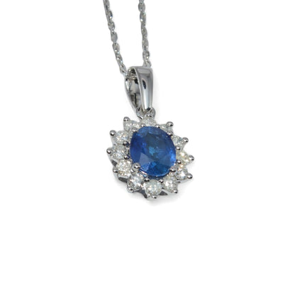 9ct White Gold - Sapphire & Diamond Cluster Necklace side on