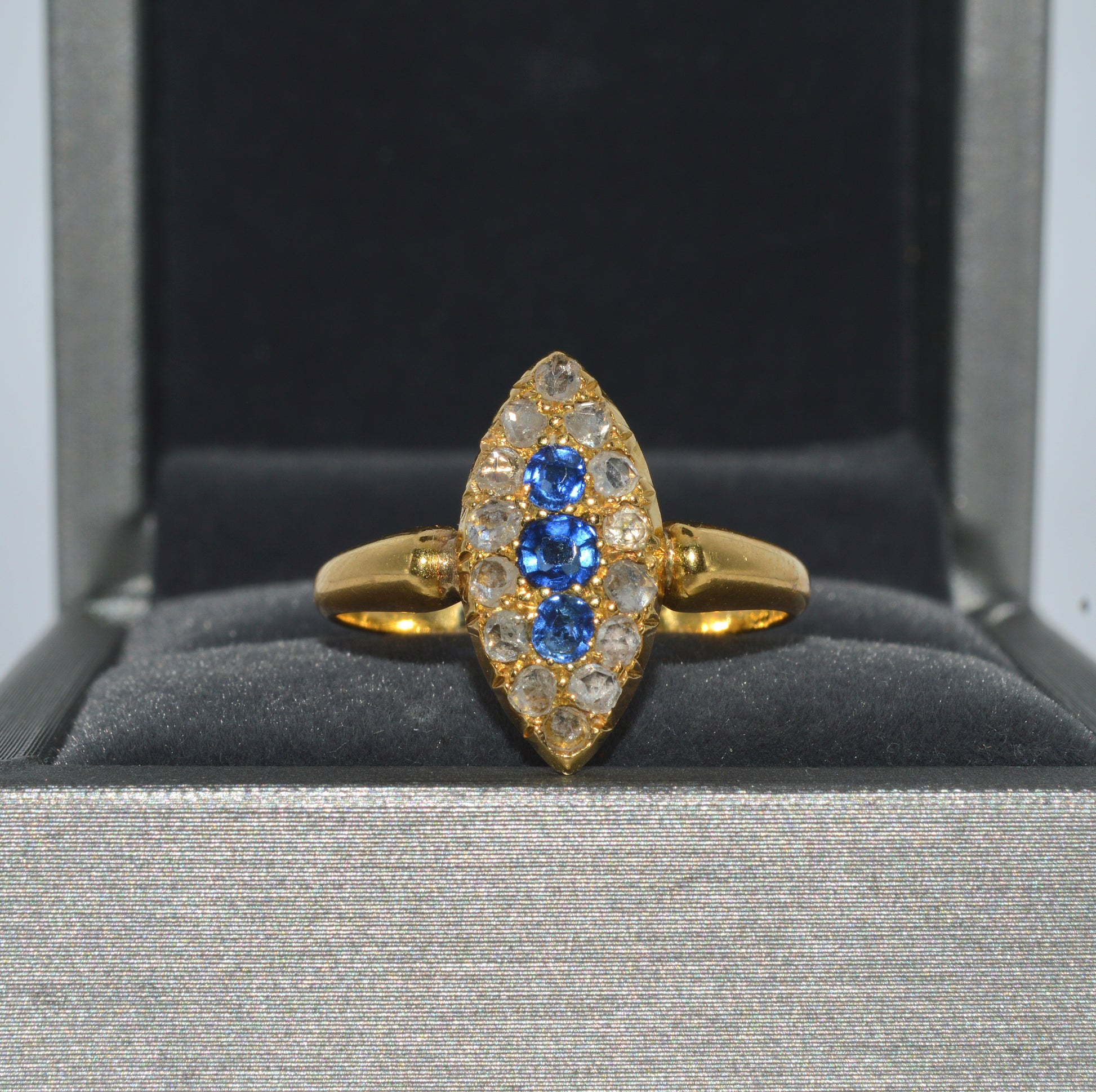 19th Century - 18ct Gold Sapphire & Diamond Navette Ring front