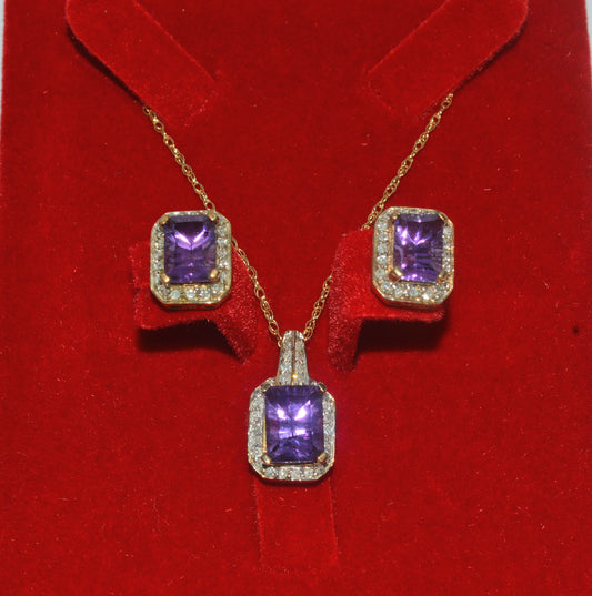 9ct Gold - Amethyst & Diamond Earring & Necklace Set front