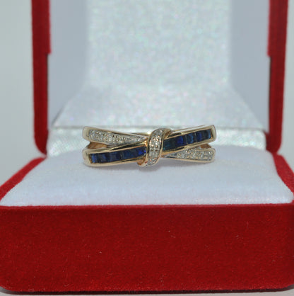 9ct Gold - Sapphire & Diamond Crossover Ring front