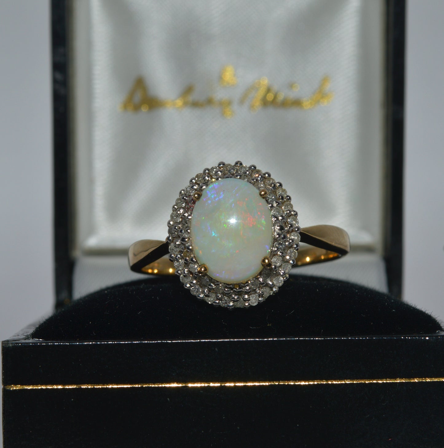 9ct Gold - Opal & Double Row Diamond Cluster Ring front up