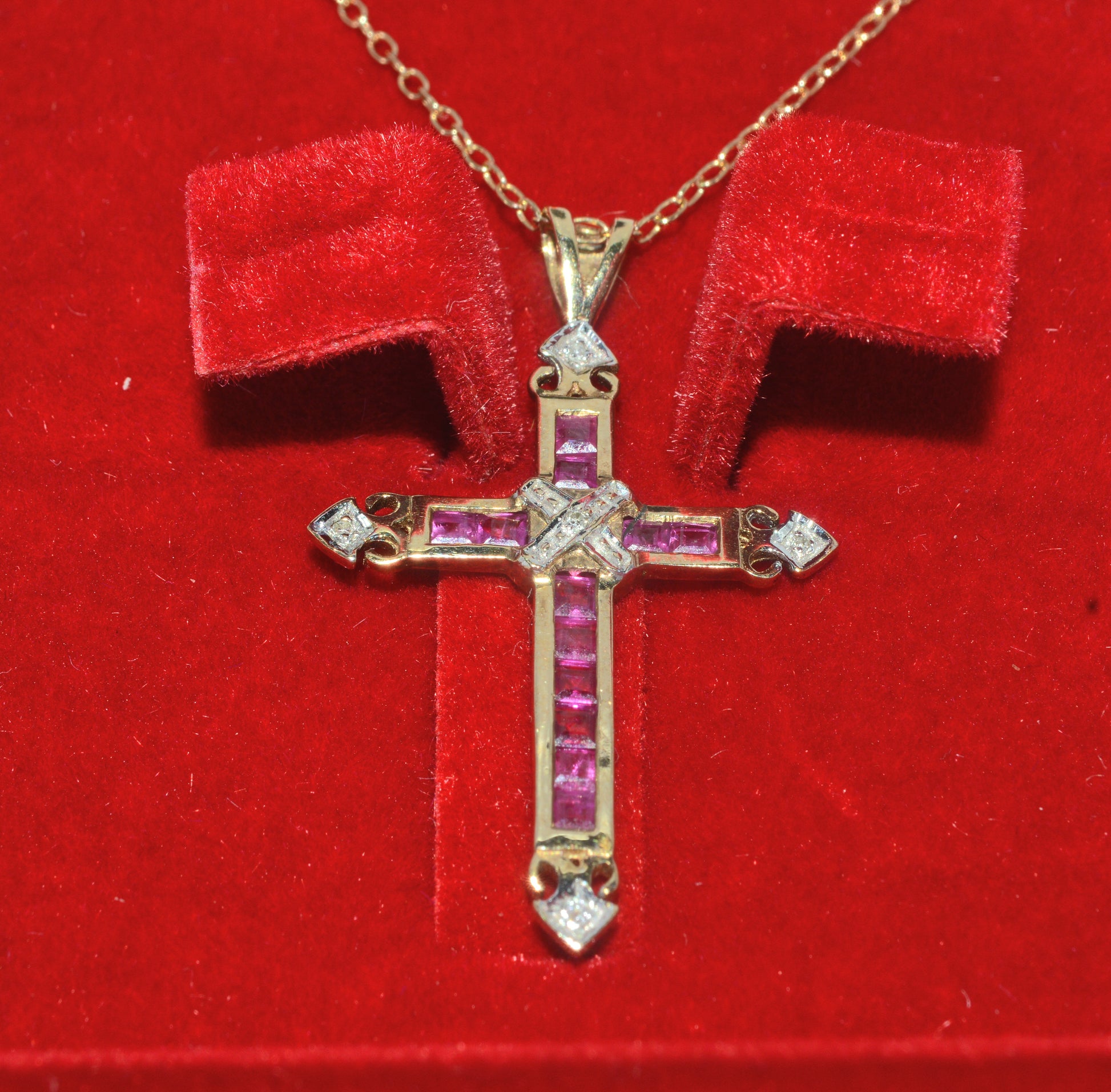 9ct Gold - Ruby & Diamond Cross Necklace front 2