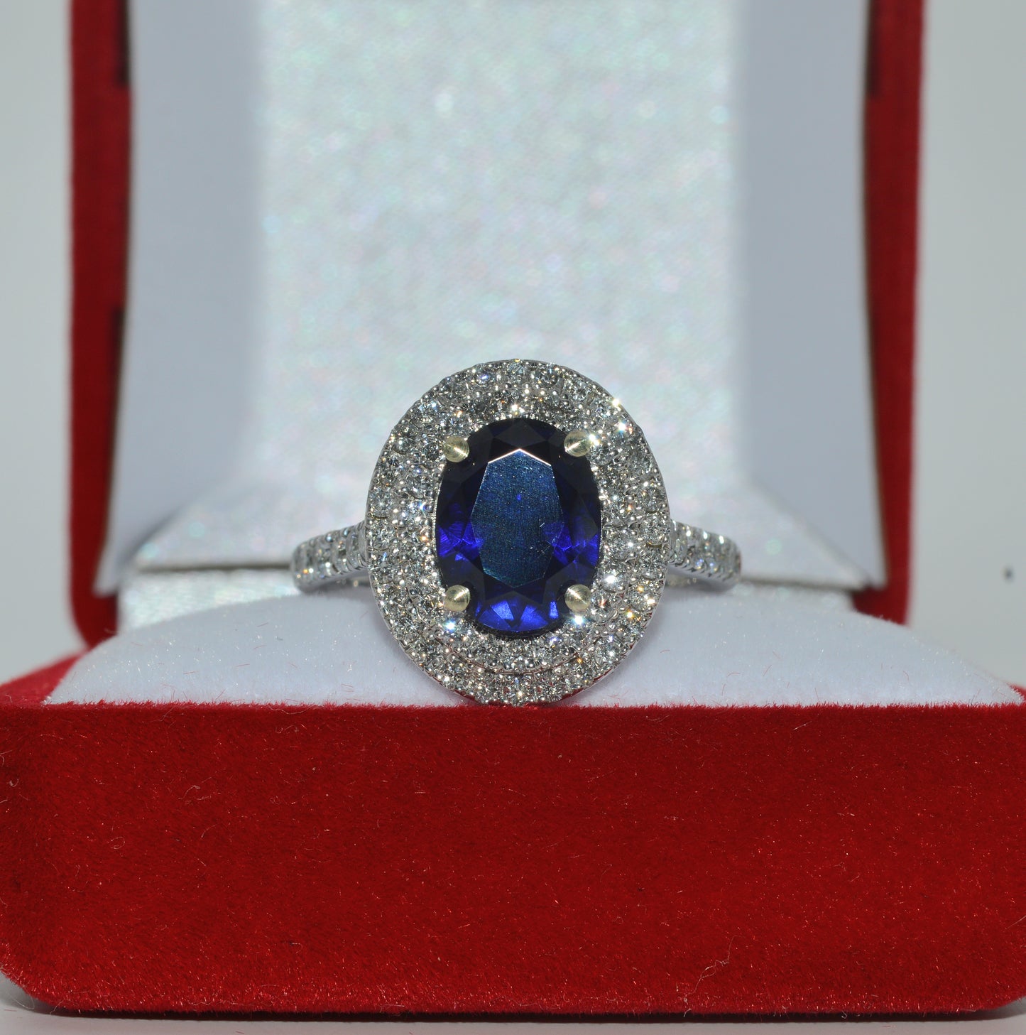 9ct White Gold - Sapphire & Diamond Double Row Cluster Ring front down