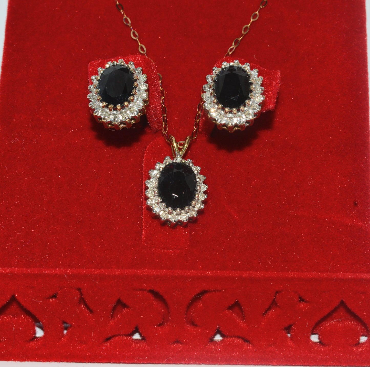 9ct Gold - Sapphire & Diamond Earring & Necklace Set front far