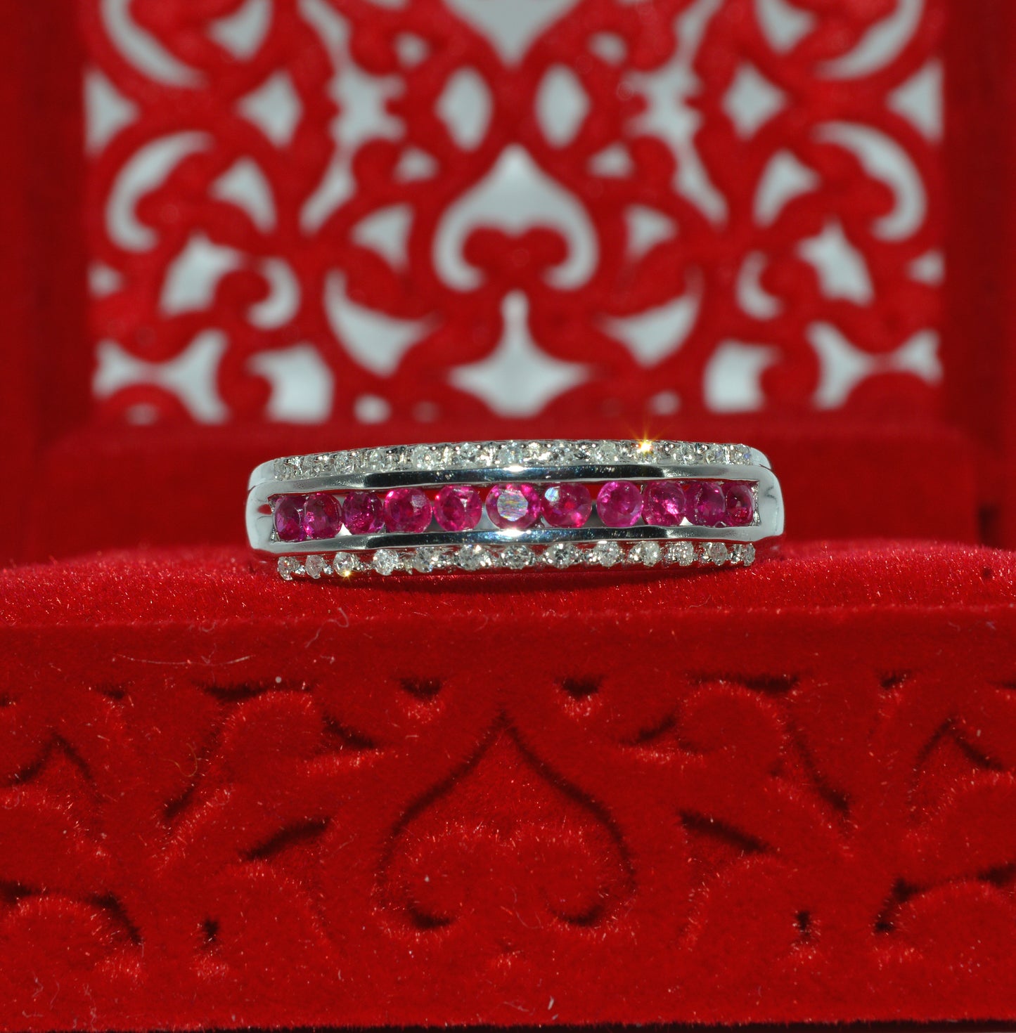 9ct White Gold - Ruby & Diamond Half Eternity Ring front