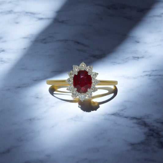 9ct Gold - Ruby & Diamond Cluster Ring front