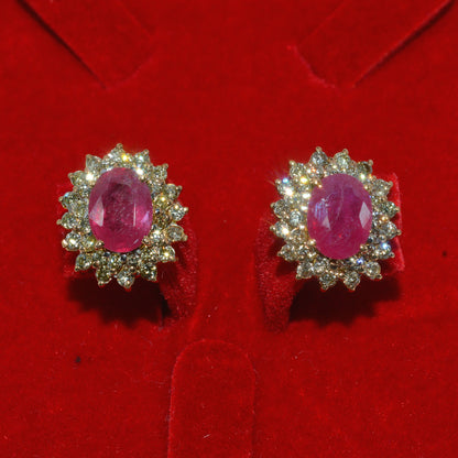 18ct Gold - Ruby & Double Row Diamond Earrings front