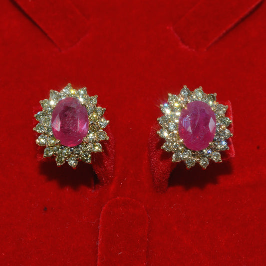 18ct Gold - Ruby & Double Row Diamond Earrings front