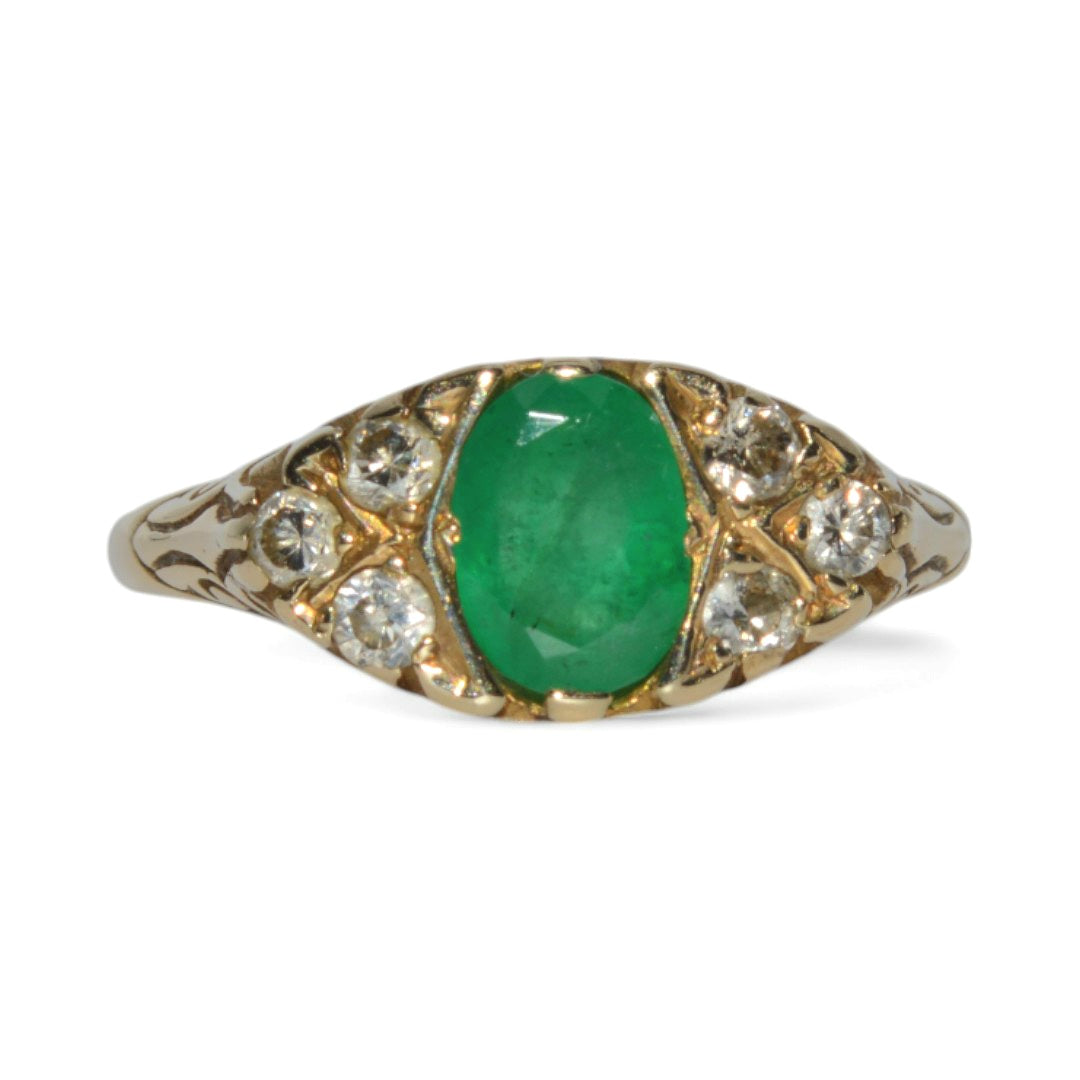 9ct Gold - Emerald & Diamond Antique Style Ring front