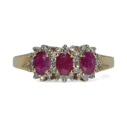 9ct Gold - Ruby & Diamond Trilogy Cluster Ring front