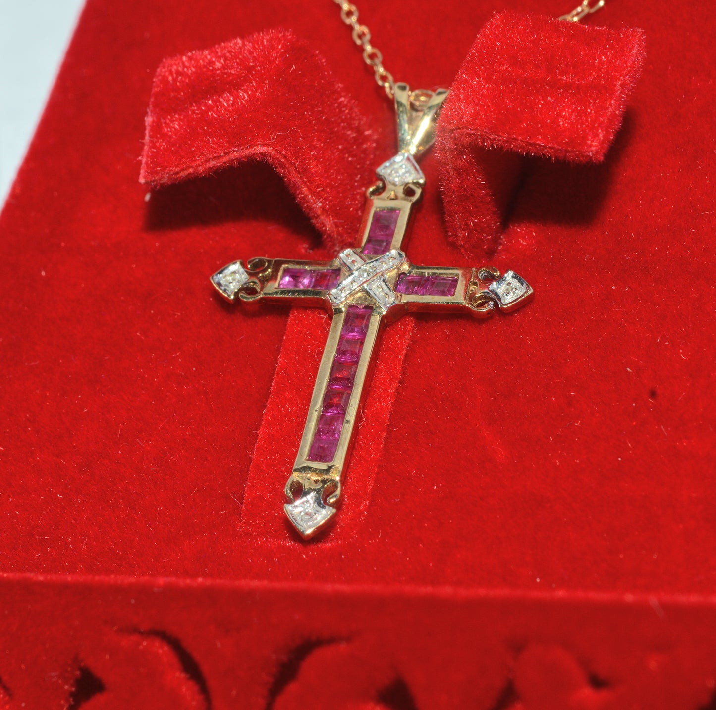 9ct Gold - Ruby & Diamond Cross Necklace left tilt