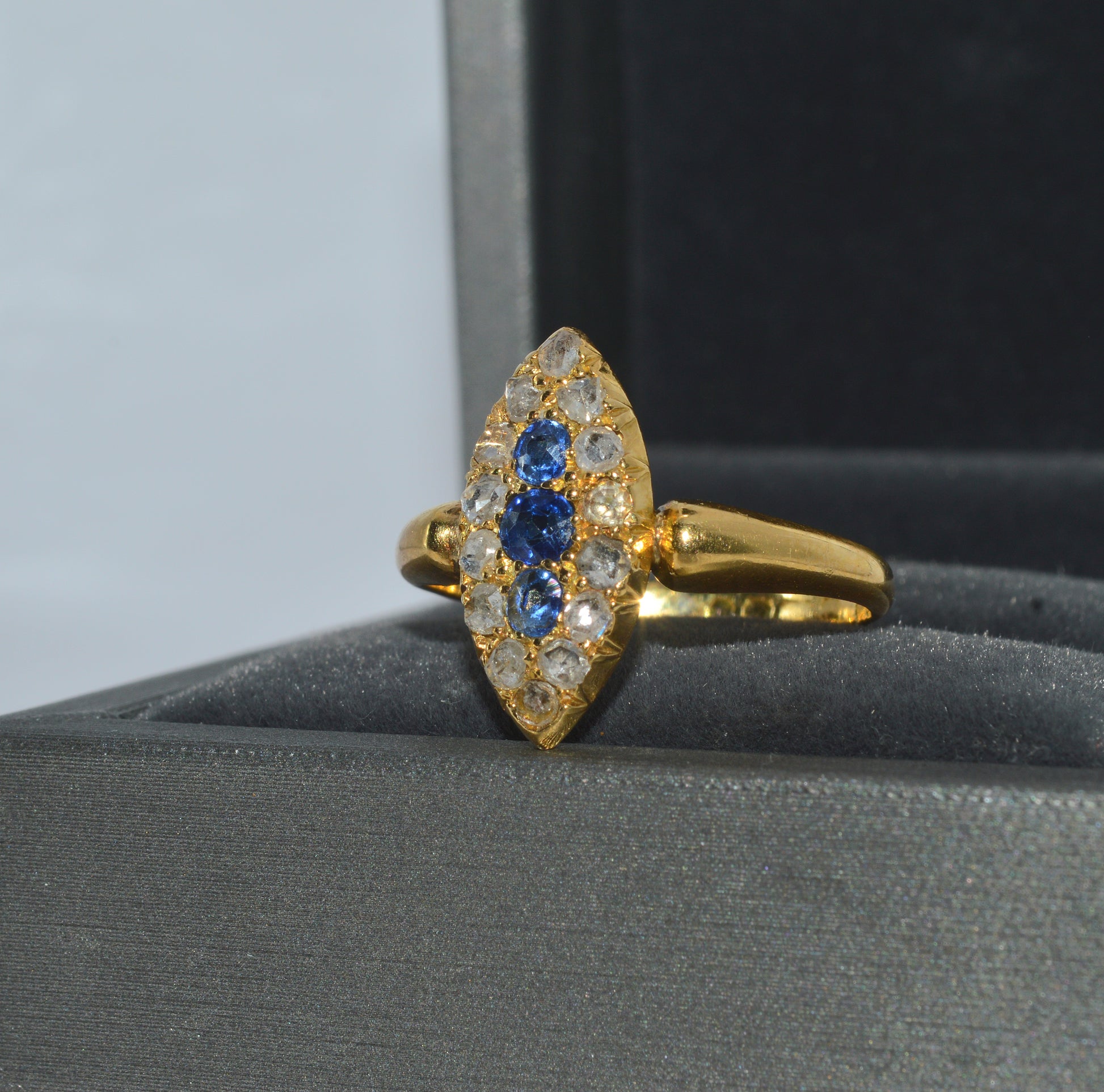 19th Century - 18ct Gold Sapphire & Diamond Navette Ring left