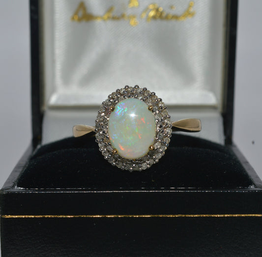 9ct Gold - Opal & Double Row Diamond Cluster Ring front