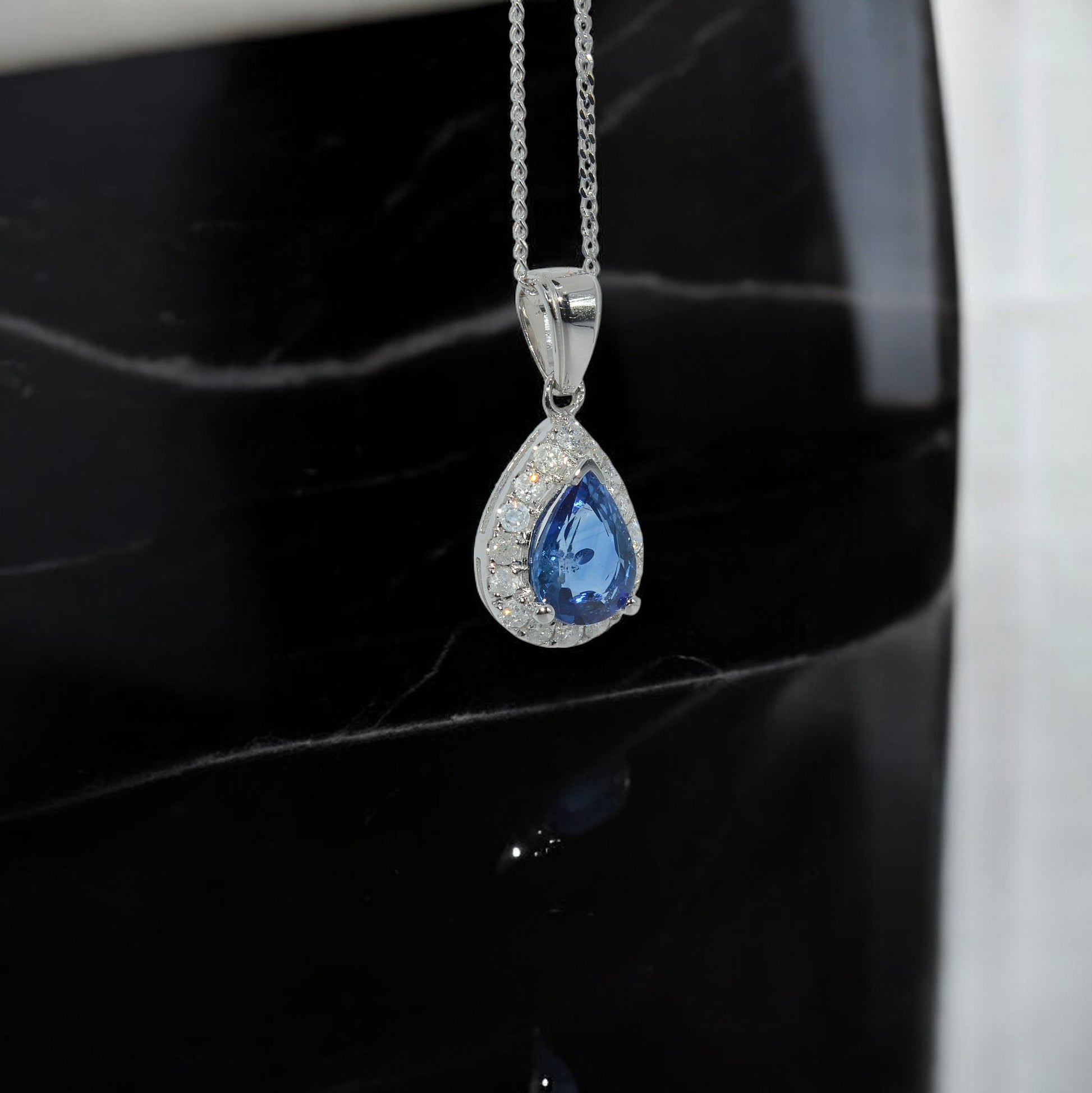 14ct White Gold - Pear Cut Sapphire & Diamond Pendant right