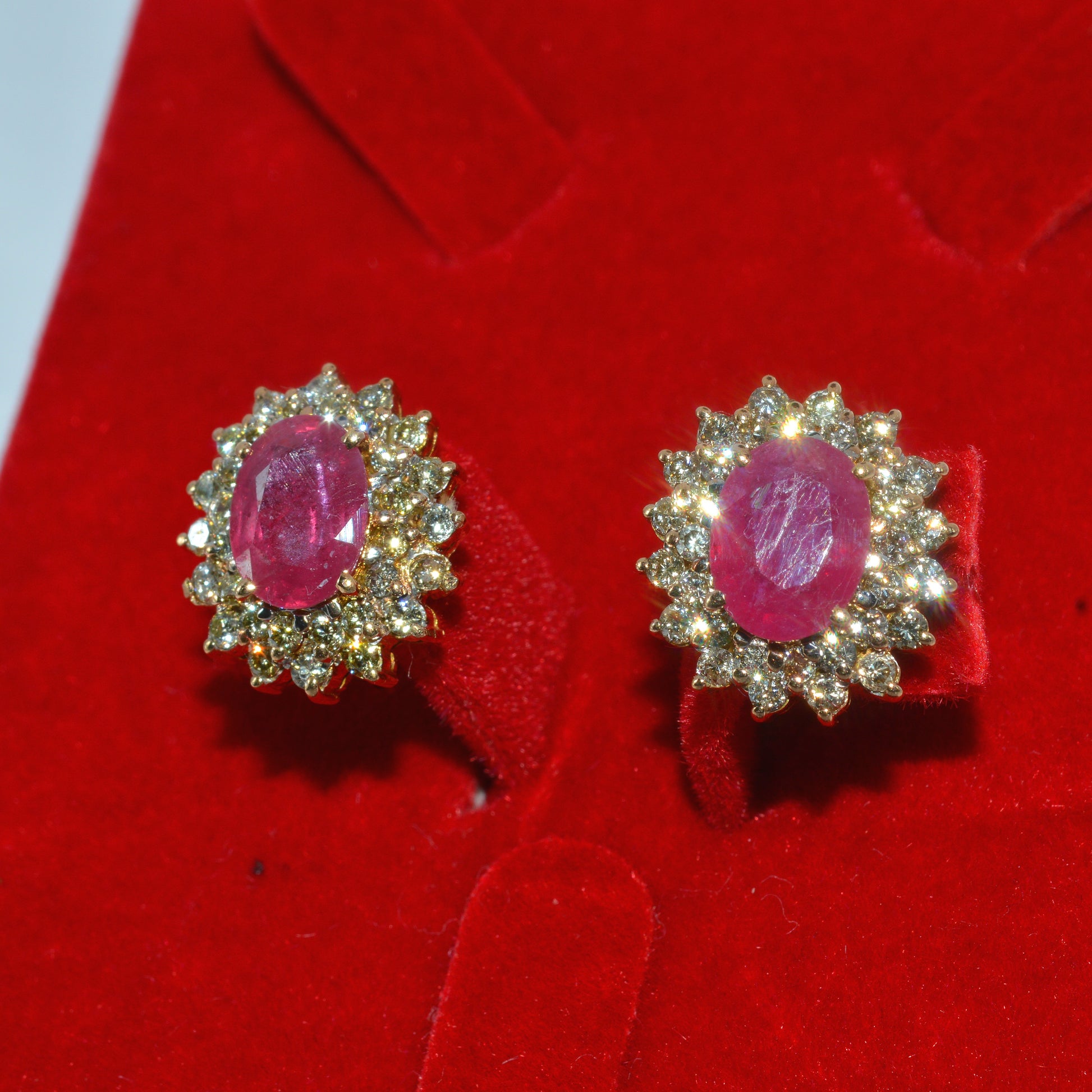 18ct Gold - Ruby & Double Row Diamond Earrings left tilt