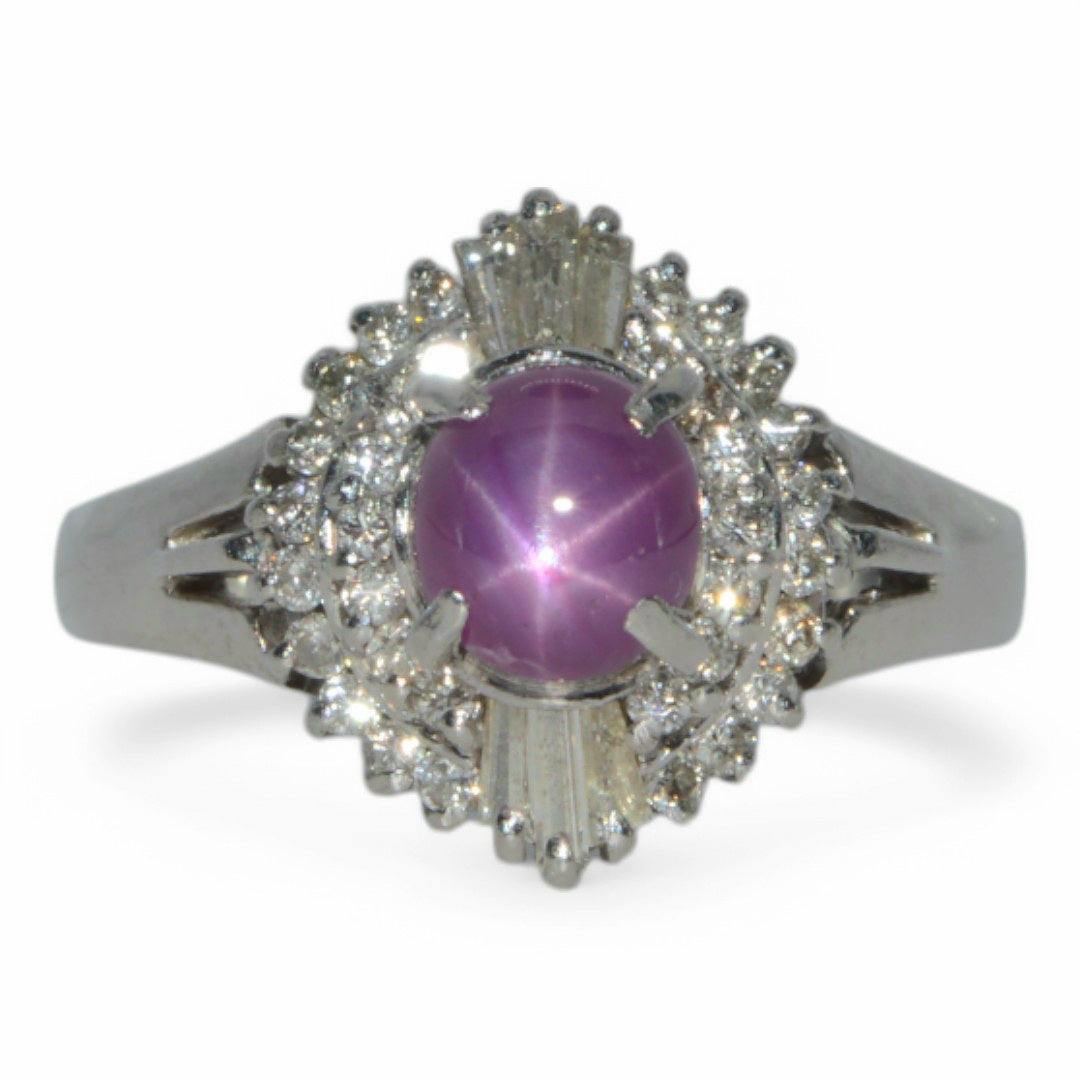 Platinum - 6 Ray Star Ruby & Diamond Cluster Ring front on 2