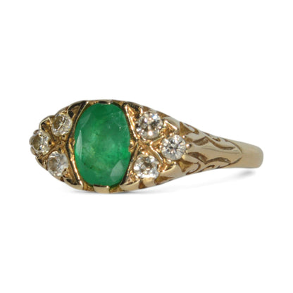 9ct Gold - Emerald & Diamond Antique Style Ring left