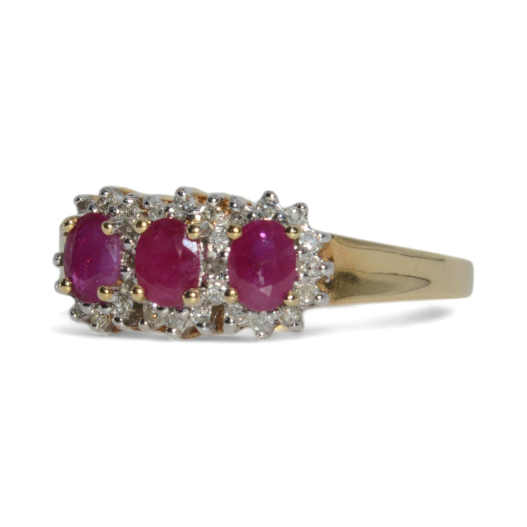 9ct Gold - Ruby & Diamond Trilogy Cluster Ring left