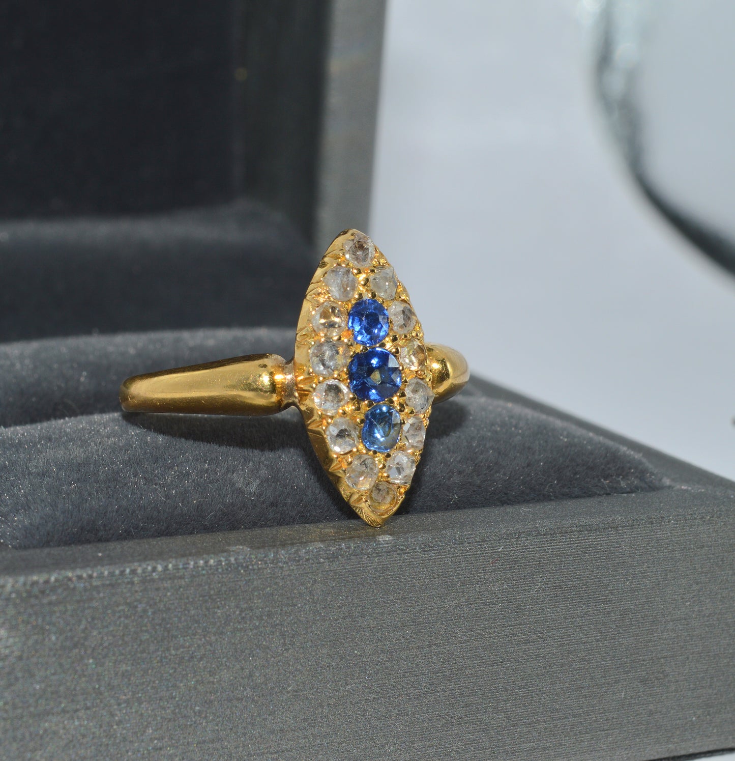 19th Century - 18ct Gold Sapphire & Diamond Navette Ring right