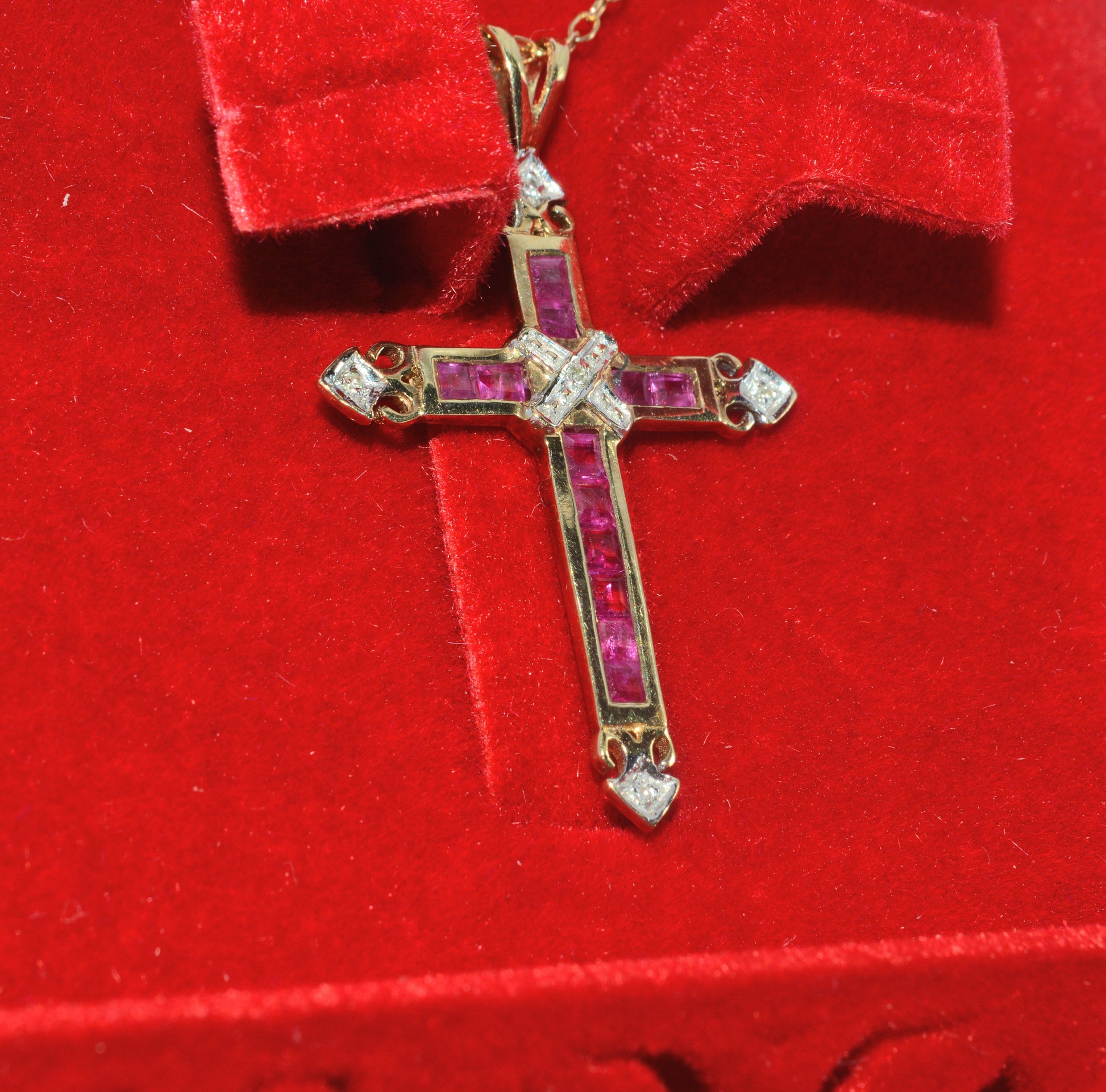 9ct Gold - Ruby & Diamond Cross Necklace right tilt