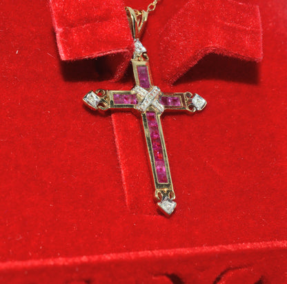 9ct Gold - Ruby & Diamond Cross Necklace right tilt