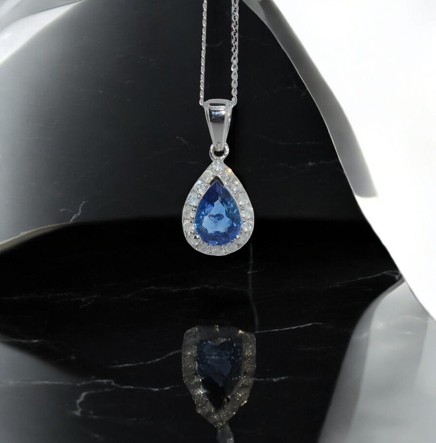 14ct White Gold - Pear Cut Sapphire & Diamond Pendant front