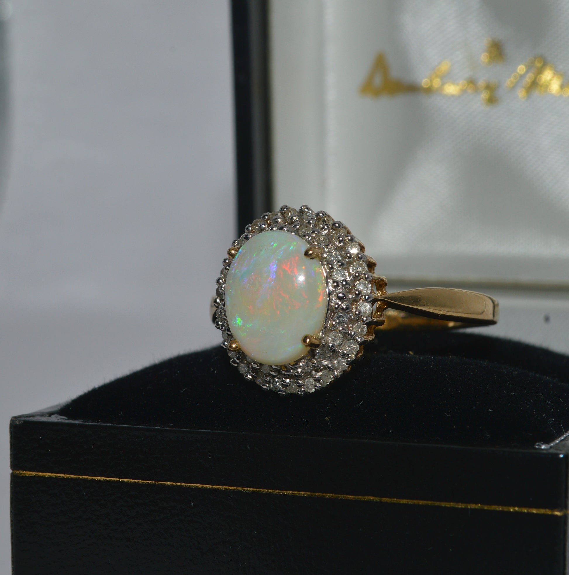 9ct Gold - Opal & Double Row Diamond Cluster Ring left