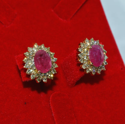 18ct Gold - Ruby & Double Row Diamond Earrings right tilt