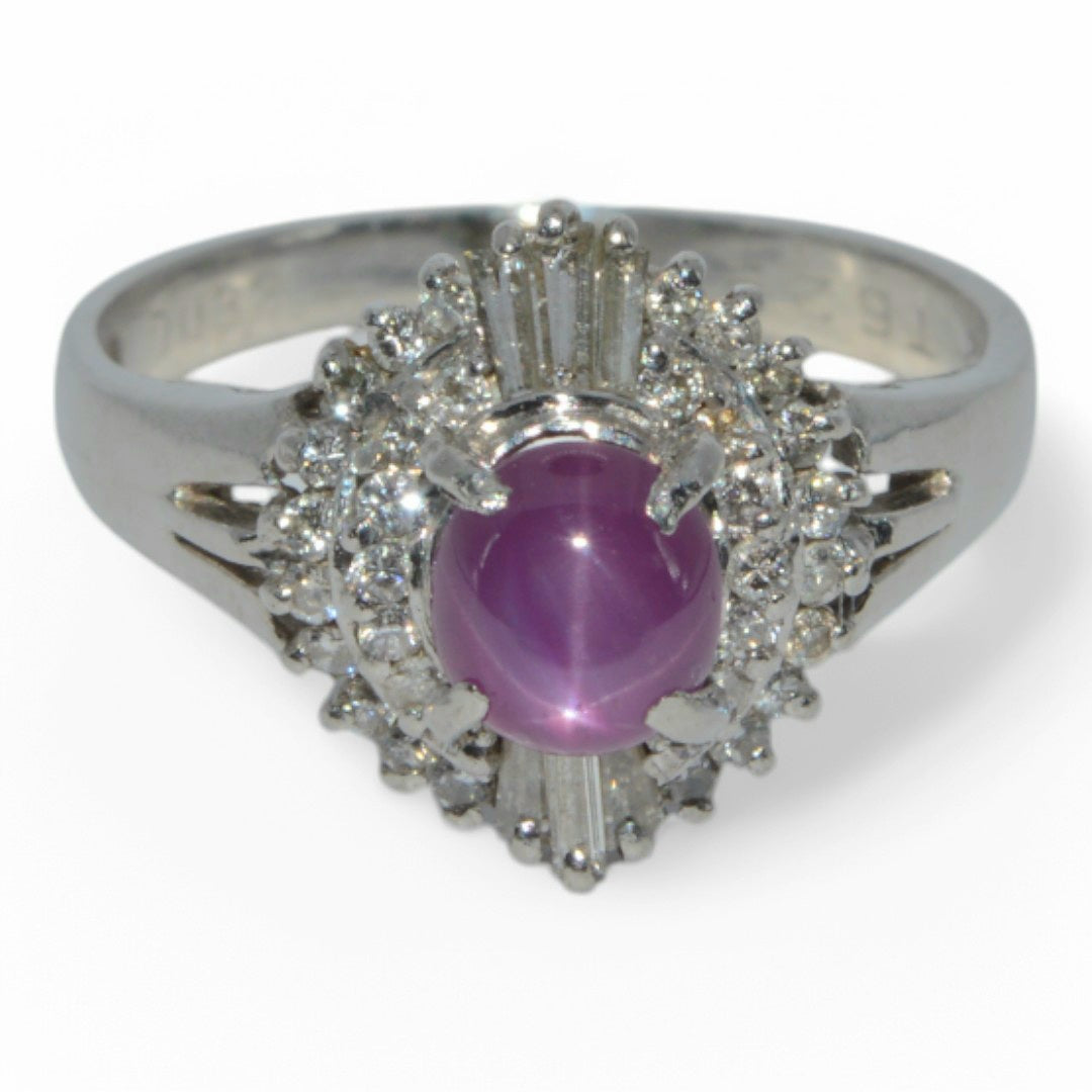 Platinum - 6 Ray Star Ruby & Diamond Cluster Ring top down