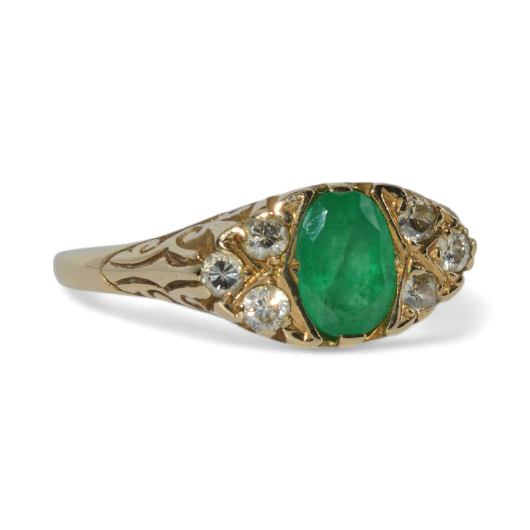 9ct Gold - Emerald & Diamond Antique Style Ring right