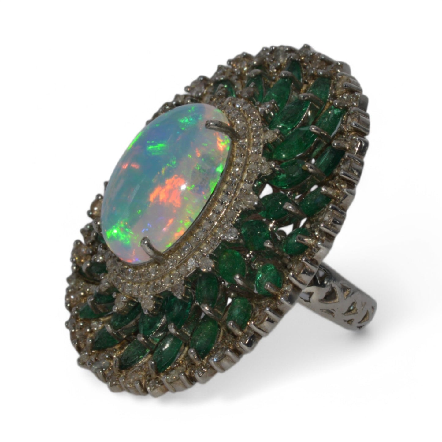 Silver - Opal, Emerald & Diamond Cocktail Ring, 925 Handmade left