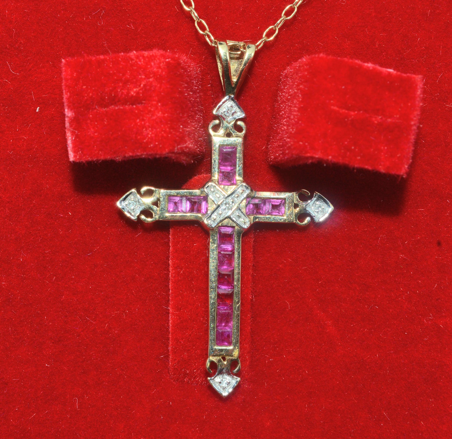 9ct Gold - Ruby & Diamond Cross Necklace front 1