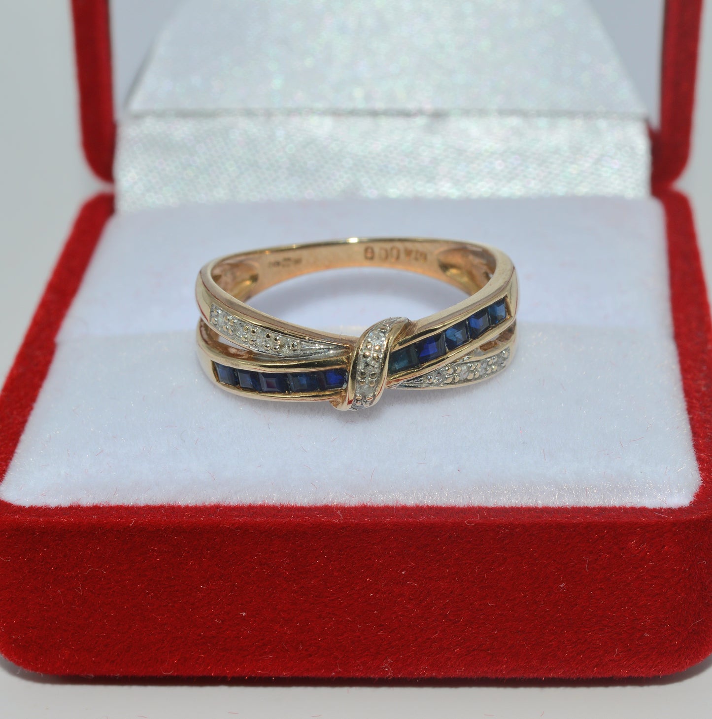 9ct Gold - Sapphire & Diamond Crossover Ring top front