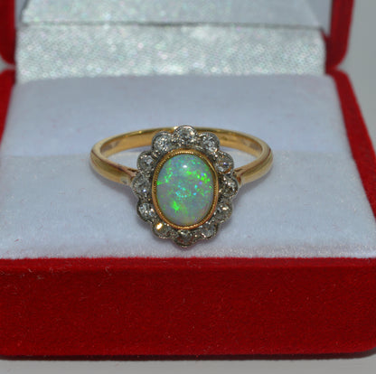 19th Century - 18ct Gold Opal & Diamond Cluster Ring front top down