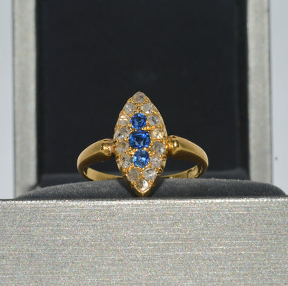 19th Century - 18ct Gold Sapphire & Diamond Navette Ring up front