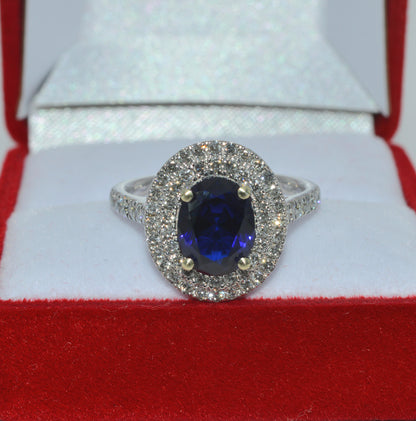 9ct White Gold - Sapphire & Diamond Double Row Cluster Ring front up